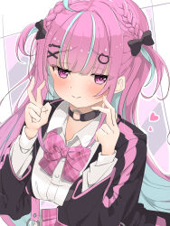 1girl absurdres ahoge bent_v black_bow black_jacket blazer blue_hair blush bow bowtie cat_hair_ornament cat_o-ring choker closed_mouth collared_shirt colored_inner_hair commentary double_v hair_bow hair_ornament heart highres hololive jacket long_hair long_sleeves looking_at_viewer minato_aqua minato_aqua_(school_uniform) multicolored_hair o-ring o-ring_choker official_alternate_costume open_clothes open_jacket pink_bow pink_bowtie pink_eyes pink_hair pink_skirt plaid_bow plaid_bowtie plaid_clothes shirt skirt smile solo streaked_hair symbol-only_commentary two-tone_hair two_side_up v virtual_youtuber white_shirt x_hair_ornament yunon_oto_mad