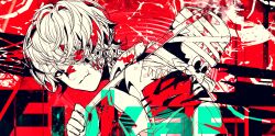 1boy 3kuma animal_hat bandaid bandaid_on_face bandaid_on_nose closed_mouth colored_skin commentary_request eyepatch fukase hair_between_eyes hat head_tilt highres holding_strap limited_palette long_bangs looking_to_the_side male_focus paint_splatter red_background scar scar_on_face scar_on_mouth shirt short_hair signature solo top_hat vocaloid white_shirt white_skin
