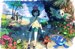 1boy 1girl alolan_exeggutor alolan_form alolan_raichu backpack bag baseball_cap beanie black_hair blue_eyes bounsweet bubble creatures_(company) cutiefly elio_(pokemon) floral_print game_freak gen_7_pokemon hat litten mudsdale nintendo ocean open_mouth pikipek pippi_(pixiv_1922055) pokemon pokemon_(creature) pokemon_sm popplio red_hat rockruff rowlet scenery selene_(pokemon) shirt shoes short_hair short_shorts shorts smile sneakers solo_focus starter_pokemon_trio swept_bangs t-shirt tied_shirt togedemaru wide_sleeves
