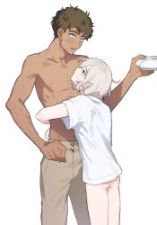 2boys ass_peek bags_under_eyes black_eyes black_hair blue_eyes blush bottomless cowboy_shot curly_hair dark-skinned_male dark_skin dungeon_meshi elf grey_hair highres holding holding_plate hug kabru looking_at_another male_focus mchi125 mithrun multiple_boys nipples notched_ear open_mouth pants plate pointy_ears short_hair simple_background sweatdrop toned toned_male topless_male white_background wide-eyed yaoi