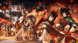 1other 6+girls :o arch billboard black_boots black_coat blonde_hair boots braid braided_hair_rings brown_hair chinese_new_year chinese_paper-cut city closed_eyes coat coat_on_shoulders copyright_name copyright_notice dress eyewear_on_head fai_chun firecrackers flower_pot food_in_mouth green_dress green_eyes group_leader_(xinyue_tongxing) hair_ornament hair_rings hat hengsha_(xinyue_tongxing) highres holding holding_flower_pot holding_pinwheel hongbao huai_(xinyue_tongxing) jacket ke_(xinyue_tongxing) lantern lianxin_(xinyue_tongxing) logo long_hair miniskirt multiple_girls mumian_(xinyue_tongxing) nanqiao_(xinyue_tongxing) night official_art official_wallpaper open_mouth orange_eyes orange_jacket outdoors pants paper_lantern pinwheel plant pom_pom_(clothes) pom_pom_hair_ornament potted_plant purple_hair qianqiu_(xinyue_tongxing) red_sleeves shoes short_dress short_hair sign skirt smile tanghulu twintails walking wenjing_(xinyue_tongxing) white_coat white_dress white_hat white_pants white_shoes white_skirt xinyue_tongxing