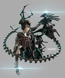2022 2boys 3d belt black_hair character_name claws dated deino_(deino3330) dual_persona english_text gears glowing goggles grey_background hat heterochromia highres lens_flare long_tail looking_at_viewer magnesium_(maeda_koutarou) mechanical_arms multiple_boys necktie original red_eyes robot single_mechanical_arm solo steampunk tail