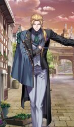 Rule 34 | 1boy, arm across chest, belt, belt buckle, bishounen, black belt, black jacket, blonde hair, buckle, butler bowing, closed mouth, commentary request, fate/grand order, fate (series), feet out of frame, fionn mac cumhaill (fate/grand order), fionn mac cumhaill (fgo fes. 2025) (fate), formal clothes, game cg, gloves, green necktie, grey gloves, grey pants, grey shirt, grey vest, hair over shoulder, half gloves, jacket, legs together, long hair, looking at viewer, low ponytail, male focus, moriyama daisuke, necktie, official art, one eye closed, outdoors, pants, ponytail, shirt, side cape, smile, solo, standing, suit jacket, third-party source, vest, waistcoat, wingtip collar