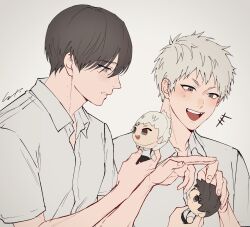 2boys black_hair character_doll collared_shirt doll grey_background grey_hair hair_between_eyes happy_tears highres hikaru_ga_shinda_natsu holding holding_stuffed_toy indou_hikaru laughing male_focus mole mole_under_eye multiple_boys open_mouth parted_lips red_pupils shirt short_hair short_sleeves signature smile sono_nu stuffed_toy tears tsujinaka_yoshiki upper_body white_hair white_shirt