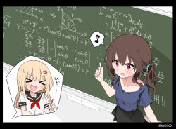 &gt;_&lt; 2girls :d black_skirt blonde_hair blush chalk chalkboard hair_ornament holding holding_pen kai3700 long_hair math multiple_girls musical_note open_mouth original otowa-san_(sensei_to_mondaiji?_no_yuri) otowa-san_(young)_(sensei_to_mondaiji?_no_yuri) pen pencil_skirt purple_shirt red_eyes school_uniform sensei_(sensei_to_mondaiji?_no_yuri) sensei_to_mondaiji?_no_yuri_(kai3700) serafuku shirt skirt smile speech_bubble spoken_musical_note teacher teacher_and_student teaching white_shirt yuri