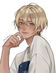 1boy amuro_tooru apron artist_name blonde_hair blue_apron blue_eyes blush chitose_(chitose_70207) closed_mouth clothes_writing commentary_request crossed_bangs english_text hair_between_eyes hand_up highres lips looking_at_viewer male_focus meitantei_conan shirt short_hair simple_background smile solo upper_body white_background white_shirt