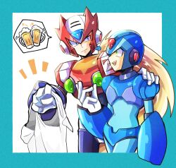 Rule 34 | 2boys, absurdres, alcohol, android, armor, bag, beer, blonde hair, blue armor, blue border, blue eyes, blue helmet, border, chest jewel, commentary request, cowboy shot, cup, forehead jewel, green eyes, hand on another&#039;s shoulder, helmet, highres, holding, holding bag, long hair, male focus, mega man (series), mega man x (series), meshiuma0x, mug, multiple boys, plastic bag, red armor, red helmet, simple background, speech bubble, white background, x (mega man), zero (mega man)