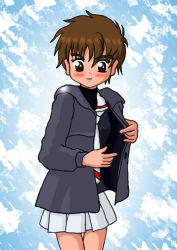 Rule 34 | 1990s (style), brown eyes, brown hair, cardcaptor sakura, crossdressing, denkimorph, dress, gender request, genderswap, li xiaolang, retro artstyle, school uniform, short hair, tagme, tomoeda middle school uniform
