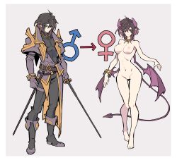 Rule 34 | 1boy, 1girl, absurdres, arrow (symbol), bar censor, before and after, black hair, black pants, black shirt, blue eyes, boots, border, bracelet, breasts, censored, clothed male nude female, coat, collar, commentary request, commission, completely nude, demon girl, demon horns, demon tail, demon wings, elbow gloves, genderswap, genderswap (mtf), gloves, gold bracelet, gold collar, gold trim, hanahiyo (hoimin), highres, holding, holding sword, holding weapon, horns, jewelry, mars symbol, medium breasts, medium hair, monster girl, monsterification, multicolored hair, navel, nipples, nude, open clothes, open coat, original, pants, pink hair, pointy ears, purple coat, purple gloves, red eyes, scabbard, sheath, shirt, sidelocks, simple background, skeb commission, sword, tail, transformation, turtleneck, turtleneck shirt, two-tone hair, venus symbol, weapon, white border, wings