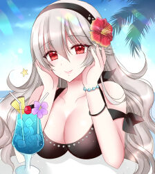 1girl alternate_costume beach bikini black_bikini black_hairband bracelet breasts cleavage closed_mouth drink female_corrin_(fire_emblem) fire_emblem fire_emblem_fates flower grey_hair hair_between_eyes hair_flower hair_ornament hairband highres jewelry kirishima_riona large_breasts long_hair looking_at_viewer nintendo outdoors palm_tree pointy_ears red_eyes smile solo swimsuit tree upper_body