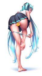 00s 1girl aqua_hair aqua_nails ass barefoot black_skirt blush censored emoji emoji_censor female_focus from_behind hair_ornament hatsune_miku highres huge_ass long_hair nail_polish no_panties panties purple_eyes shadow shirt simple_background skirt sleeveless sleeveless_shirt solo standing standing_on_one_leg striped_clothes striped_panties thinking_emoji twintails underwear undressing vocaloid white_background wokada