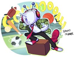 Rule 34 | 1boy, american football (object), ant tenna, ball, baseball bat, basketball (object), black pants, chair, collared shirt, commentary, crt, deltarune, drawloverlala, english commentary, full body, gloves, green jacket, headphones, jacket, male focus, necktie, object head, outline, pants, plaid clothes, plaid jacket, pointy nose, red necktie, shirt, shirt tucked in, shoes, solo, transparent background, white gloves, white shirt, white shoes
