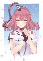 Rule 34 | 1girl, black gloves, blue background, breast pocket, brown hair, cropped torso, dress, gloves, gradient background, grey dress, grey eyes, hair between eyes, high side ponytail, highres, kantai collection, long hair, looking at viewer, nagi kantai114, own hands clasped, own hands together, petals, pocket, ponytail, saratoga (kancolle), side ponytail, single glove, smokestack hair ornament, solo, upper body