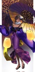 1girl dark-skinned_female dark_skin firework_background fox_mask fujisaki_subaru gloves goddess_of_victory:_nikke hair_over_one_eye hair_tie_in_mouth highres japanese_clothes kimono lace lace_gloves mask mask_on_head mouth_hold naga_(last_girlhood)_(nikke) naga_(nikke) purple_kimono see-through_clothes see-through_gloves solo