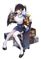 Rule 34 | black hair, black shoes, breasts, choker, goddess of victory: nikke, highres, jacket, large breasts, legs, ninney5, open clothes, open jacket, open mouth, pantyhose, shirt, shoes, skirt, smile, smug, sora (nikke), tight clothes, twintails, v, white pantyhose, white shirt