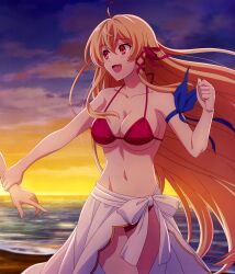 1girl aliceliese_lou_nebulis_ix bare_arms beach bikini blonde_hair breasts cleavage collarbone eye_contact floating_hair groin hair_ribbon halterneck highres holding_another&#039;s_wrist kimi_to_boku_no_saigo_no_senjou_arui_wa_sekai_ga_hajimaru_seisen large_breasts long_hair looking_at_another navel ocean official_art open_mouth outdoors red_bikini red_eyes red_ribbon ribbon running sarong short_hair sideboob smile sunset swimsuit topless_male underboob very_long_hair wavy_mouth
