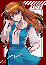 1girl absurdres artist_name blue_dress character_name collarbone dated dress highres interface_headset_(evangelion) long_hair looking_at_viewer neon_genesis_evangelion pinafore_dress red_hair rhodium_(rh) school_uniform shirt signature sleeveless sleeveless_dress smile solo souryuu_asuka_langley tokyo-3_middle_school_uniform white_shirt