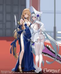 2girls :o ahoge armpits ass backless_dress backless_outfit bare_shoulders blue_choker blue_dress blue_flower blue_gloves blue_ribbon blue_rose blush bonnet bow breasts brown_eyes brown_hair chain choker clare_(evertale) cleavage clothes_lift copyright_logo copyright_name copyright_notice covered_navel cuboon detached_sleeves dress dress_bow dress_lift evertale floral_print_panties floral_print_sleeves floral_print_thighhighs flower frilled_dress frills garter_straps gloves gold gold_chain gold_pendant gold_shoes greatsword grey_hair hair_between_eyes hat hat_flower hat_ribbon high_heels highres holding holding_sword holding_weapon large_breasts logo long_hair looking_at_viewer looking_back low-tied_long_hair multiple_girls official_alternate_costume official_art open_mouth panties parted_lips red_carpet reverse_grip ribbon rizette_(evertale) rose see-through_clothes see-through_panties shiny_skin shoes sideboob sidelocks smile standing strappy_heels sword thighhighs twintails underwear very_long_hair waist_bow weapon white_bonnet white_bow white_dress white_garter_straps white_panties white_ribbon white_shoes white_sleeves white_thighhighs