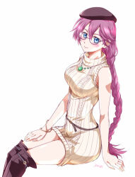 1girl artist_name bare_shoulders beret blue_eyes bracelet braid breasts double-parted_bangs eiyuu_densetsu emma_millstein glasses hair_between_eyes hat jewelry large_breasts long_hair looking_at_viewer pendant pink_hair ribbed_sweater sen_no_kiseki_(series) simple_background single_braid sleeveless smile solo sweater thighs white_background xiacheng_tatsuya
