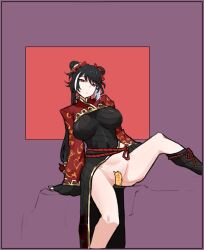 1girl black_dress black_hair breasts catnip_scent chinese_clothes closed_mouth coat commentary_request covered_navel double_bun dress frilled_sleeves frills hair_bun jia_xichun_(project_moon) korean_commentary large_breasts limbus_company long_hair long_sleeves looking_at_viewer maebari multicolored_hair ofuda ofuda_on_pussy pink_eyes project_moon purple_background red_background red_shrug red_sleeves rope_belt shrug_(clothing) simple_background sitting solo streaked_hair talisman twintails white_streaks