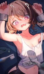 1girl ? @_@ absurdres blonde_hair bogos_binted_(meme) bound bound_wrists breasts brown_hair fang getto gigi_murin highres hololive hololive_english meme multicolored_hair navel open_mouth pink_hair small_breasts solo tank_top toothbrush two-tone_hair virtual_youtuber white_tank_top