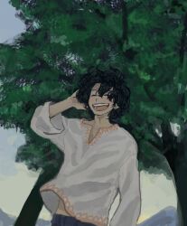 16jichan 1boy :d ^_^ arm_at_side black_hair chitose_senri closed_eyes curly_hair floating_hair from_below grey_sky hand_in_own_hair highres light_blush long_sleeves male_focus midriff_peek muted_color notched_neckline open_mouth shirt short_hair sky smile solo teeth tennis_no_ouji-sama three-quarter_sleeves tree upper_body white_shirt wind wind_lift