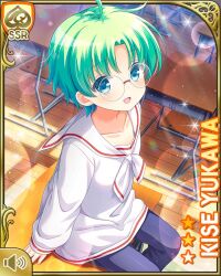 1girl :d alternate_hair_length alternate_hairstyle blue_eyes card_(medium) character_name classroom denim desk girlfriend_(kari) glasses green_hair indoors jeans looking_at_viewer official_art open_mouth pants qp:flapper school_desk short_hair sitting smile solo standing tagme vest window yellow_vest yukawa_kise