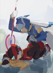 2girls android bliss_zero_(mega_man) bodysuit breast_press breasts fairy_leviathan_(mega_man) femdom highres karen_10_31 kneeling medium_breasts mega_man_(series) mega_man_zero_(series) monochrome multiple_girls restrained robot zero(z)_(mega_man) zero_(mega_man)