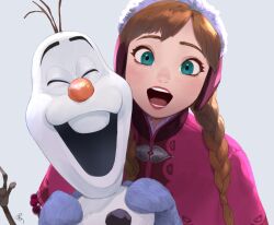 1boy 1girl anna_(frozen) blue_eyes braid brown_hair frozen_(disney) grey_mittens hood hooded_jacket jacket long_hair looking_at_viewer mittens olaf_(frozen) open_mouth pano_(mohayayamai) pink_jacket simple_background snowman teeth twin_braids upper_teeth_only white_background