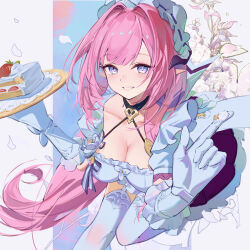 1girl absurdres arched_back black_dress blue_eyes breasts cake cleavage commentary_request dress elysia_(honkai_impact) elysia_(miss_pink)_(honkai_impact) elysia_(miss_pink_elf)_(honkai_impact) fake_horns food garter_straps gloves highres holding holding_plate honkai_(series) honkai_impact_3rd horns large_breasts long_hair maid maid_headdress official_alternate_costume pink_hair plate smile solo strawberry_cake thighhighs two-tone_background wang_man white_garter_straps white_gloves white_thighhighs