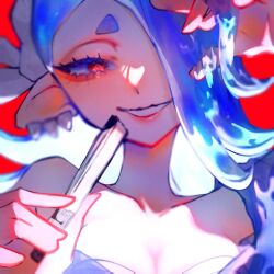1girl adjusting_hair arm_up bare_shoulders blue_hair blue_shawl breasts chest_sarashi cleavage close-up collarbone commentary_request earrings film_grain folded_fan folding_fan grin hair_over_one_eye hairband hand_fan highres holding holding_fan jakujaku444 jewelry long_hair looking_at_viewer medium_breasts multiple_earrings nintendo octoling one_eye_covered portrait red_background red_eyes sarashi see-through_clothes see-through_shawl shawl shiver_(deep_cut_outfit)_(splatoon) shiver_(splatoon) short_eyebrows smile solo splatoon_(series) splatoon_3 tentacle_hair thick_eyebrows tooth_earrings white_hairband