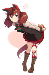 1girl animal_ears arms_behind_back black_dress blush boots bow box breasts brown_boots brown_eyes brown_hair closed_mouth diagonal-striped_bow dress frilled_dress frills full_body gift gift_box grey_shirt heart highres holding holding_gift horse_ears horse_girl horse_tail juliet_sleeves lace-up_boots leaning_forward long_hair long_sleeves multicolored_hair nice_nature_(umamusume) o-ring puffy_sleeves red_socks saiste shirt small_breasts socks solo spoken_blush standing streaked_hair tail twintails umamusume