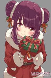 1girl belt belt_buckle blush buckle christmas closed_mouth copyright_name cowboy_shot dated double_bun dress fur-trimmed_dress fur-trimmed_sleeves fur_collar fur_trim gift gloves grey_background hair_bun hair_ornament hair_ribbon hair_scrunchie head_tilt highres holding holding_gift jagi_(jagi_souken) long_sleeves looking_at_viewer multicolored_ribbon red_gloves ribbon santa_costume santa_dress scrunchie short_hair sidelocks simple_background smile solo toki_ayano yellow_eyes yurucamp