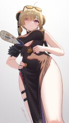 1girl ahoge bare_legs black_dress blonde_hair blush breasts china_dress chinese_clothes closed_mouth commentary_request covered_navel cowboy_shot cutout_above_navel dress eyes_visible_through_hair eyewear_on_head from_below hair_over_one_eye hand_fan hand_on_own_hip headgear highres holding holding_fan legs looking_at_viewer medium_breasts purple_eyes satomi_(745684552) short_hair side_slit signature smile solo sunglasses sweety_(zenless_zone_zero) thighs tinted_eyewear tuanshan yellow-tinted_eyewear zenless_zone_zero