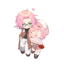 Rule 34 | 1boy, 1girl, ^ ^, arm grab, bag, black footwear, black hair, blush, bob cut, brown coat, chibi, closed eyes, coat, colored tips, couple, full body, green eyes, hair ornament, hairclip, happy, hat, heart, hetero, highres, jacket, jitome, leaning on person, leaning to the side, long sleeves, looking at another, multicolored hair, nanatsumori minoru, open clothes, open coat, paki2000, pants, pink hair, protagonist (tokimemo gs4), shoes, short hair, shoulder bag, side-by-side, simple background, skirt, streaked hair, thighhighs, tokimeki memorial, tokimeki memorial girl&#039;s side, tokimeki memorial girl&#039;s side 4th heart, turtleneck, walking, white background, white headwear, white pants, white thighhighs