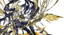 1boy alternate_form asymmetrical_wings black_shirt black_wings blonde_hair cracked_skin from_behind glitterpizza_00 hair_between_eyes halo halo_behind_head highres holding holding_sword holding_weapon honkai:_star_rail honkai_(series) looking_at_viewer looking_back male_focus material_growth phainon_(honkai:_star_rail) shirt short_hair simple_background solo sword torn_clothes torn_shirt weapon white_background wings yellow_blood yellow_eyes yellow_wings