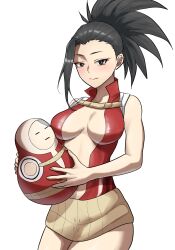 1girl alien_alienen black_eyes black_hair boku_no_hero_academia breasts closed_mouth doll hair_pulled_back highres holding holding_doll large_breasts leotard matryoshka_doll open_clothes open_leotard red_leotard solo yaoyorozu_momo
