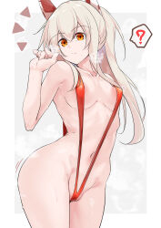 Rule 34 | 1girl, ?, absurdres, arm behind back, ayanami (azur lane), azur lane, blonde hair, breasts, covered erect nipples, expressionless, from below, groin, hair between eyes, hand up, headgear, highres, hip focus, leaning forward, light frown, long hair, looking at viewer, navel, orange eyes, orange slingshot swimsuit, oriue wato, ponytail, small breasts, solo, spoken question mark, standing, thighs, very long hair