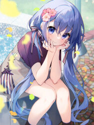 1girl black_socks brown_skirt day feet_out_of_frame flower hair_flower hair_ornament hair_ribbon hands_on_own_cheeks hands_on_own_face head_rest knees_together_feet_apart long_hair looking_at_viewer original outdoors purple_eyes purple_hair purple_shirt ribbon shirt short_sleeves sitting skirt smile socks solo suimya twintails very_long_hair