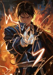1boy absurdres aiguillette aiming aiming_at_viewer alchemy amestris_military_uniform backlighting black_coat black_eyes black_hair blue_jacket blue_pants buttons coat coat_on_shoulders collared_jacket cowboy_shot double-breasted double-parted_bangs embers fire frown fullmetal_alchemist glaring gloves highres index_finger_raised jacket looking_at_viewer male_focus military_jacket military_uniform outstretched_hand pants parted_lips roy_mustang sabertoon_artt serious shoulder_boards silver_trim sleeve_cuffs smoke sparks standing swept_bangs tsurime twitter_username v-shaped_eyebrows white_gloves wispy_bangs
