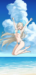 1girl absurdres arms_up asuna_(blue_archive) barefoot bikini blonde_hair blue_archive blue_bikini blue_halo blush breasts cleavage closed_eyes covered_erect_nipples groin hair_over_one_eye halo highres jumping large_breasts leg_up long_hair meganeura224 navel open_mouth side-tie_bikini_bottom smile solo swimsuit thighs very_long_hair
