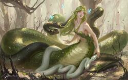 1girl absurdres fairy forest green_hair green_lips hahahuhi highres lamia long_hair monster_girl nature original outdoors red_eyes signature snake solo_focus tree