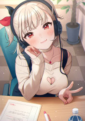 1girl :3 blonde_hair blush bottle bow breasts choker cleavage cleavage_cutout closed_mouth clothing_cutout collarbone cover_image dengeki_bunko from_above hair_bow head_tilt headphones heart heart_cutout heart_necklace highres indoors jewelry large_breasts long_sleeves looking_at_viewer looking_up medium_hair multicolored_bow necklace novel_illustration off_shoulder official_art on_chair paper pen red_eyes seiyuu_radio_no_uraomote sitting sleeves_past_wrists smile solo suspenders textless_version tsukana_(saba_mizore) two_side_up v yubisaki_mekuru