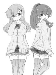 2girls bow bowtie breasts cardigan commentary_request frilled_skirt frills greyscale hair_between_eyes hair_ornament hairclip kantai_collection kumano_(kancolle) long_hair looking_at_viewer monochrome multiple_girls open_mouth ponytail rikaon shirt simple_background skirt sleeves_past_wrists suzuya_(kancolle) thighhighs white_shirt