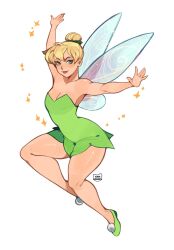 Rule 34 | 1girl, animification, bare shoulders, blonde hair, blue eyes, breasts, dress, fairy, fairy wings, green dress, green shoes, green tunic, hair bun, highres, kamii momoru, looking at viewer, medium breasts, mini person, minigirl, shoes, short hair, single hair bun, smile, solo, sparkle, strapless, strapless dress, tinker bell (disney), tunic, walt disney&#039;s peter pan, white background, wings