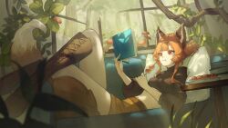 Rule 34 | 1girl, animal ear fluff, animal ears, book, boots, broken window, brown boots, brown sweater, commentary request, commission, couch, crop top, cropped sweater, crossed legs, dango, eating, food, hair bun, hair over shoulder, highres, holding, holding book, holding food, indoors, knee boots, leg on another&#039;s leg, long hair, looking at object, lying, metatarou, mushroom, on back, original, pillow, reading, red eyes, short shorts, short sleeves, shorts, single hair bun, skeb commission, solo, sweater, tail, tree, wagashi, window, yellow shorts