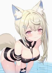 Rule 34 | 1girl, :3, alternate costume, animal ears, artexyan, bikini, black bikini, blonde hair, blue hair, blush, breasts, brown eyes, dog ears, dog girl, dog tail, fuwawa abyssgard, fuwawa abyssgard (holonatsu paradise), hololive, hololive english, large breasts, looking at viewer, multicolored hair, official alternate costume, pink eyes, simple background, smile, solo, swimsuit, tail, virtual youtuber, white background