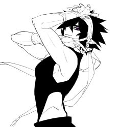 1boy aotu_world arms_up bare_shoulders clothing_cutout gloves greyscale headband leotard looking_at_viewer male_focus monochrome monsterforensic pointy_ears purple_eyes ray_(aotu_world) side_cutout simple_background sleeveless smile solo spiked_hair spot_color white_background
