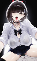 Rule 34 | 1boy, 1girl, alternate costume, alternate hair length, alternate hairstyle, black background, black bow, black bra, black choker, black hair, black panties, black thighhighs, blue archive, blue skirt, bow, bra, bra visible through clothes, breasts, choker, cleavage, ei (eiei e1), halo, highres, large breasts, open mouth, panties, red eyes, red halo, rio (blue archive), saliva, shirt, short hair, sitting, sitting on person, skirt, teeth, thighhighs, tongue, tongue out, underwear, upper teeth only, white shirt