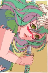 Rule 34 | 1girl, bleach, breasts, green eyes, green hair, highres, large breasts, long hair, looking at viewer, nelliel tu odelschwanck, solo, strikek-lvvjm27, sword, torn clothes, underboob, weapon